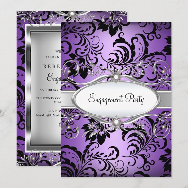 Lila Silver Floral Swirt Engagement Party einladen Einladung (Vorne/Hinten)
