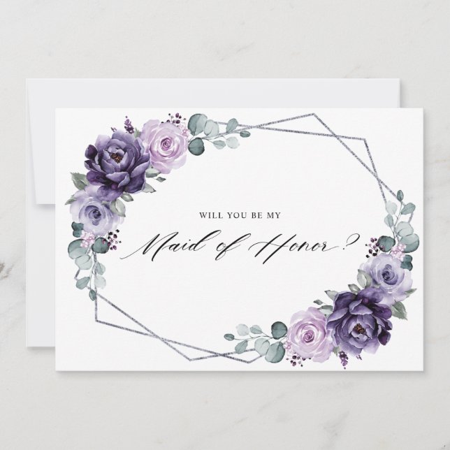 Lila Silver Floral Werden Sie meine Trauzeugin sei Einladung (Vorderseite)