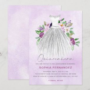 Lila Silver Glitzer Blumenkleid Quinceañera Einladung