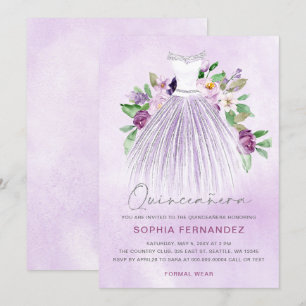 Lila Silver Glitzer Blumenkleid Quinceañera Einladung