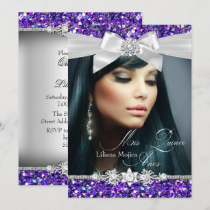 Lila Silver Glitzer Bow Foto Quinceanera laden Einladung