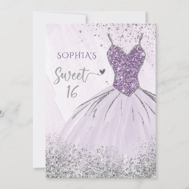 Lila Silver Glitzer Dress Sweet 16 Geburtstag Einladung (Vorderseite)