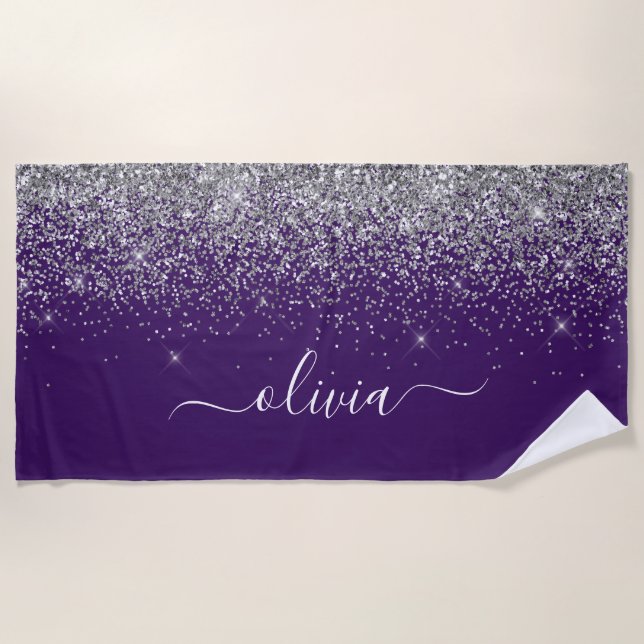 Lila Silver Glitzer Girly Glam Monogram Strandtuch (Vorderseite)