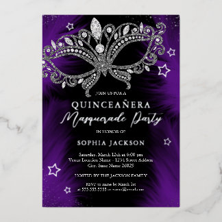 Lila Silver Masquerade Maske Star Quinceanera Folieneinladung