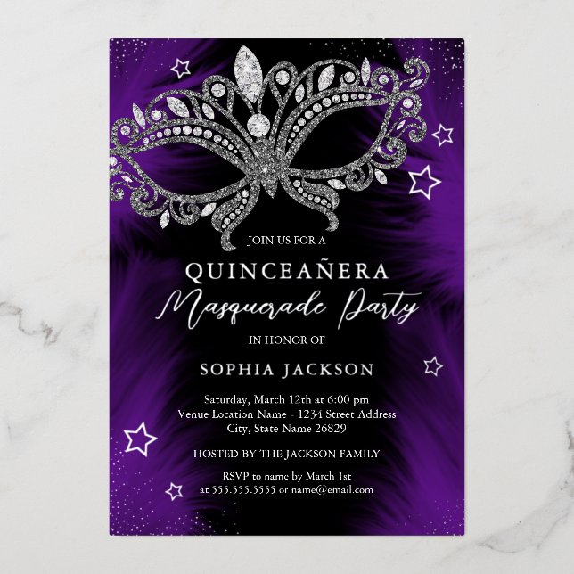 Lila Silver Masquerade Maske Star Quinceanera Folieneinladung (Vorderseite)