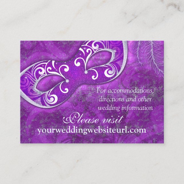 Lila Silver Masquerade Wedding Website Card Begleitkarte (Vorderseite)