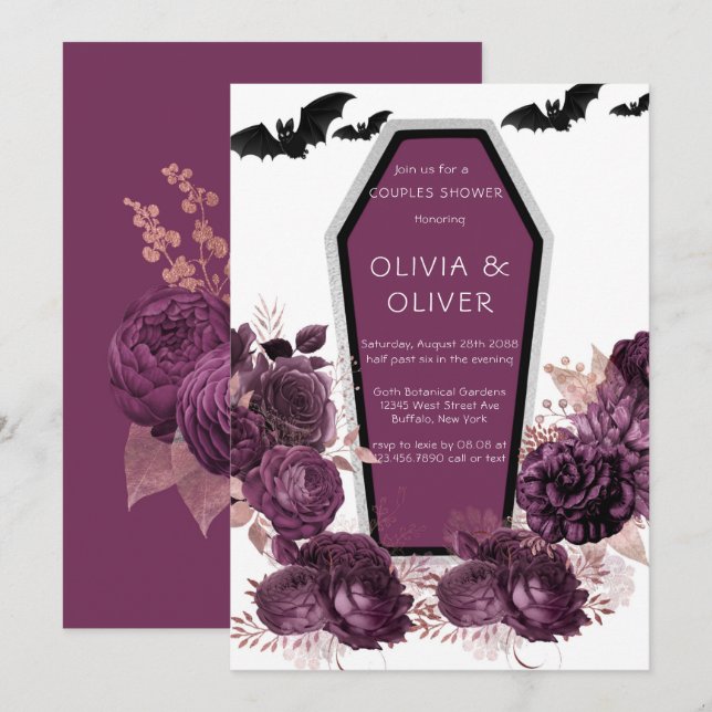 Lila Silver Peony Coffin Bats Paare Dusche Einladung (Vorne/Hinten)
