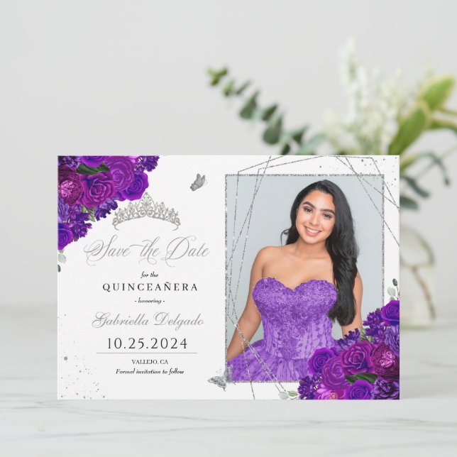 Lila & Silver Quinceañera Save the Date Foto Einladung (Stehend Vorderseite)