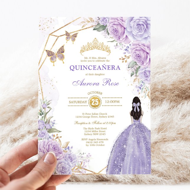 Lila Silver Quinceñera Butterfly Princess Party Einladung (Von Creator hochgeladen)