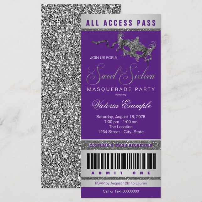 Lila Silver Sweet 16 Masquerade Party Ticket Einladung (Vorne/Hinten)