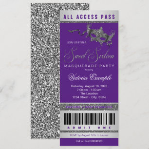 Lila Silver Sweet 16 Masquerade Party Ticket Einladung