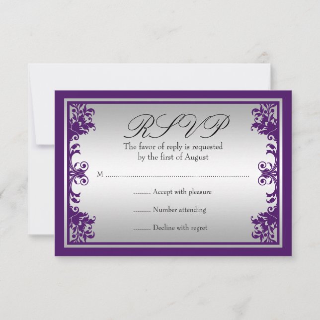 Lila Silver Vintager Blüh Scroll Wedding RSVP (Vorderseite)
