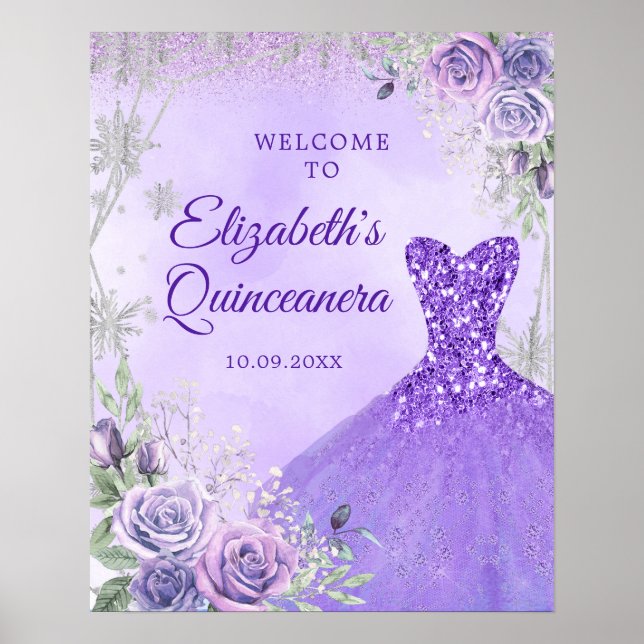 Lila Silver Winter Floral Quinceañera Willkommen Poster (Vorne)