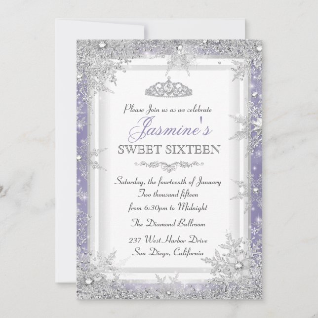 Lila Silver Winter Wonderland Sweet 16 Einladung (Vorderseite)