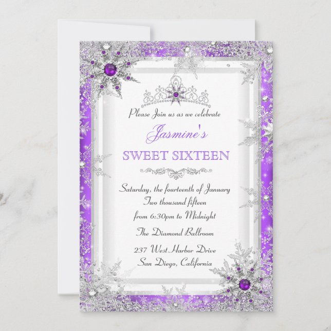 Lila Silver Winter Wonderland Sweet 16 Snowflake Einladung (Vorderseite)