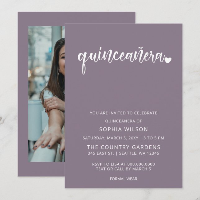 Lila Simple Script Quinceanera-Foto Einladung (Vorne/Hinten)