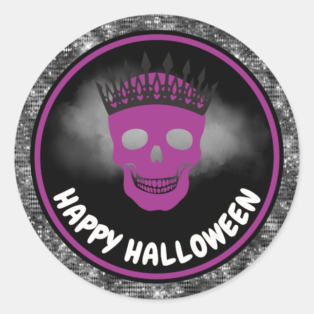 Lila Skull Queen & Black Glitzer Halloween Runder Aufkleber (Vorderseite)