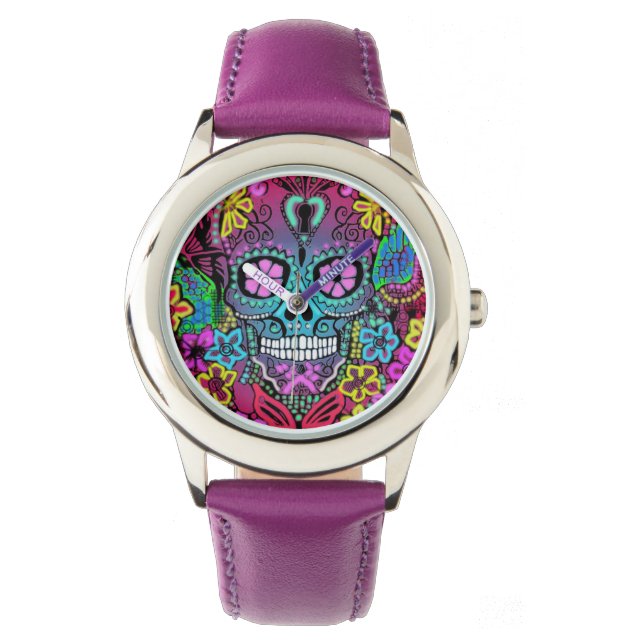 Lila Skull-Überwachung Armbanduhr (Vorderseite)