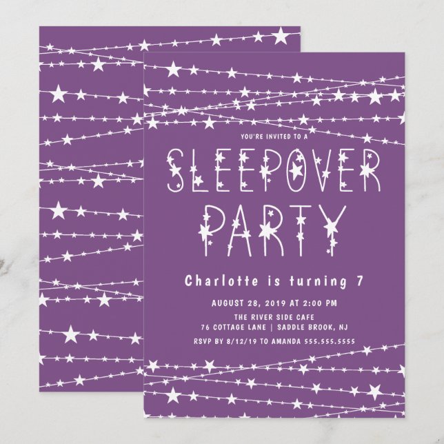 Lila Sleepover Geburtstagsparty Einladung (Vorne/Hinten)