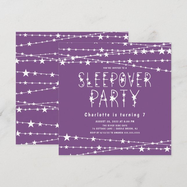 Lila Sleepover Geburtstagsparty Einladung (Vorne/Hinten)