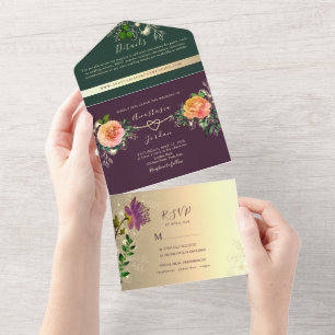Lila Smaragdgrün Juwel-Ton-Hochzeit All In One Einladung
