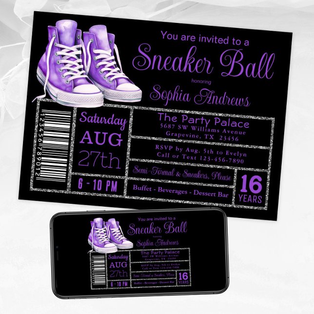 Lila Sneaker Ball Geburtstagsparty Showlabel Einladung (Purple black sneaker ball invitation. Available for instant download and print.)