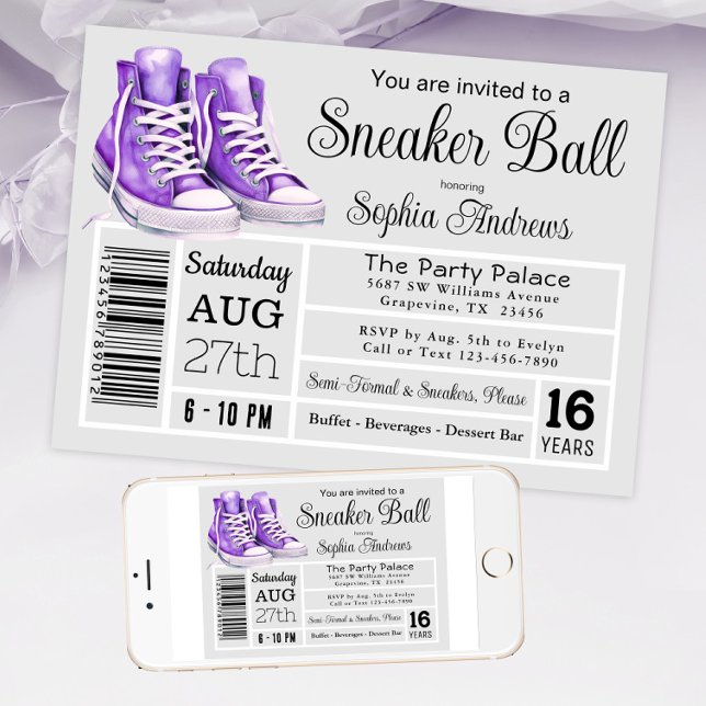Lila Sneaker Ball Geburtstagsparty Showlabel Einladung (Purple sneaker ball invitation shoe label style. Available in instant download and print files.)