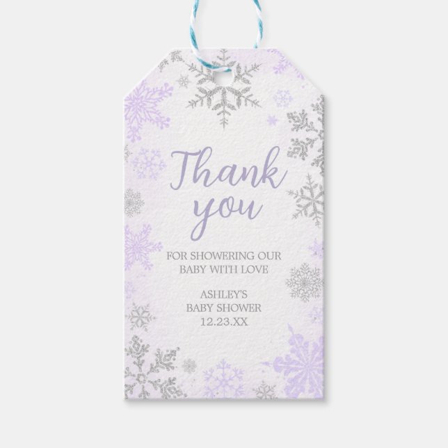 Lila Snowflake Babydusche Liebesmarken Geschenkanhänger (Vorderseite)