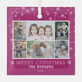 Lila Snowflake Weihnachtsfamilie 6 FotoCollage Ornament Aus Glas