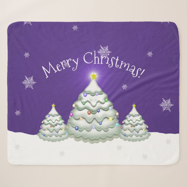 Lila Snowy Christmas Tree Sherpa Blanket Sherpadecke (Vorderseite (Horizontal))