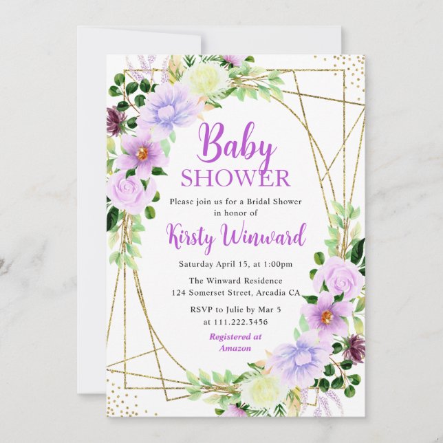 Lila Sommer-Blume und Gold Frame Baby Dusche Einladung (Vorderseite)
