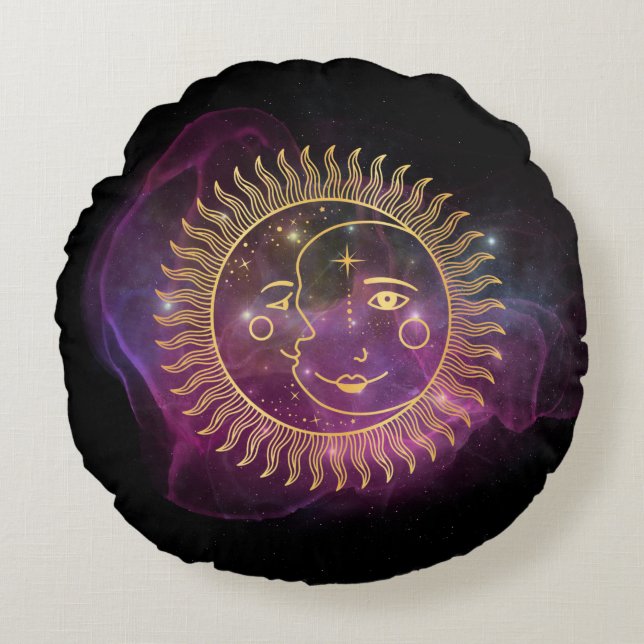 Lila Sonne und Mond Rundes Kissen (Vorderseite)