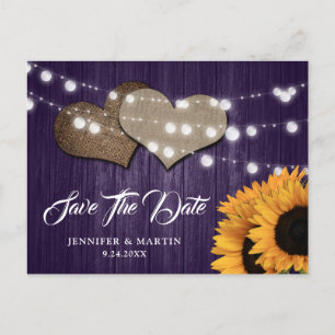 Lila Sonnenblume Holz Jute-Herzen Lichter Hochzeit Postkarte