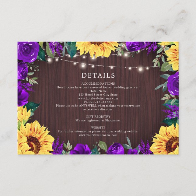 Lila Sonnenblumen an den Grenzen Hochzeitdetails Begleitkarte (Vorderseite)