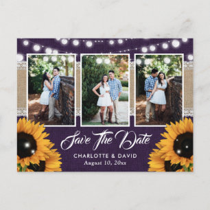 Lila Sonnenblumen-Hochzeit 3 Foto Save The Date Ankündigungspostkarte