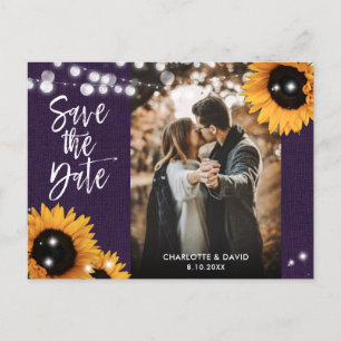 Lila Sonnenblumen-Hochzeitsfoto Save The Date Ankündigungspostkarte