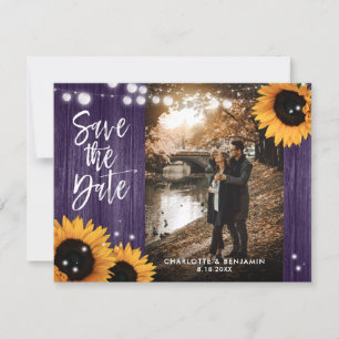Lila Sonnenblumen-Holzschnurlichter Hochzeitsfoto Save The Date