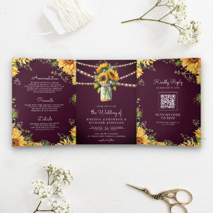 Lila Sonnenblumen im Mason-Glas QR-Code-Hochzeit Dreifach Gefaltete Einladung