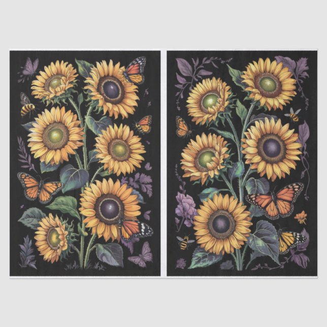 Lila Sonnenblumen, Monarchen & Bienen-Dekoupage Seidenpapier (Vorderseite)