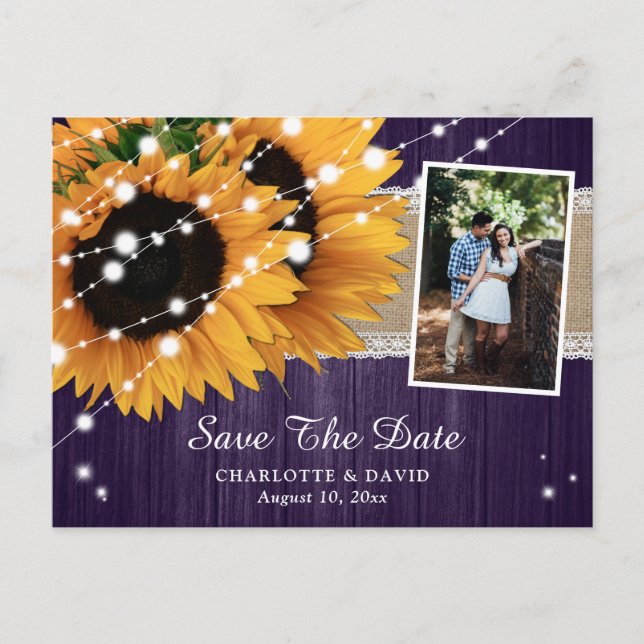 Lila Sonnenblumen Save the Date Foto Postkarten (Vorderseite)