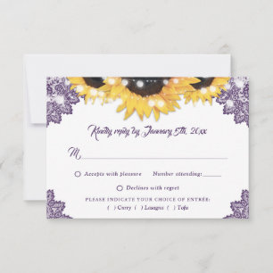 Lila Sonnenblumen-Spitze Hochzeitsmenüwahl RSVP Karte