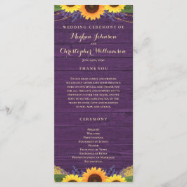 Lila Sonnenblumenhochzeit mit rustikalem Holzring Programm