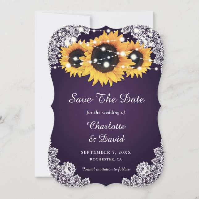 Lila Sonnenblumenhochzeit Save The Date (Vorderseite)