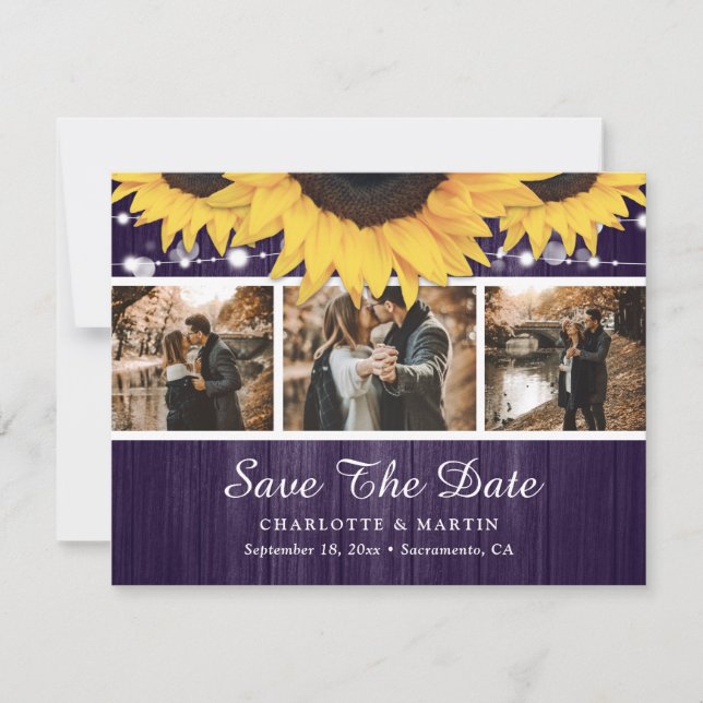 Lila Sonnenblumenhochzeitungs-Foto Save the Date (Vorderseite)