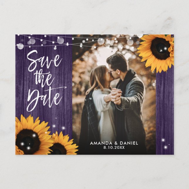 Lila Sonnenblumenhochzeitungs-Foto Save the Date Ankündigungspostkarte (Vorderseite)