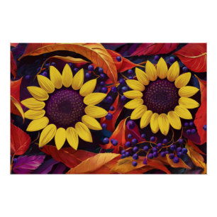 Lila Sonnenblumenparade, fröhliche Herbstblätter Poster