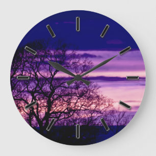 Lila Sonnenuntergang-Baum-Silhouettewanduhr Große Wanduhr