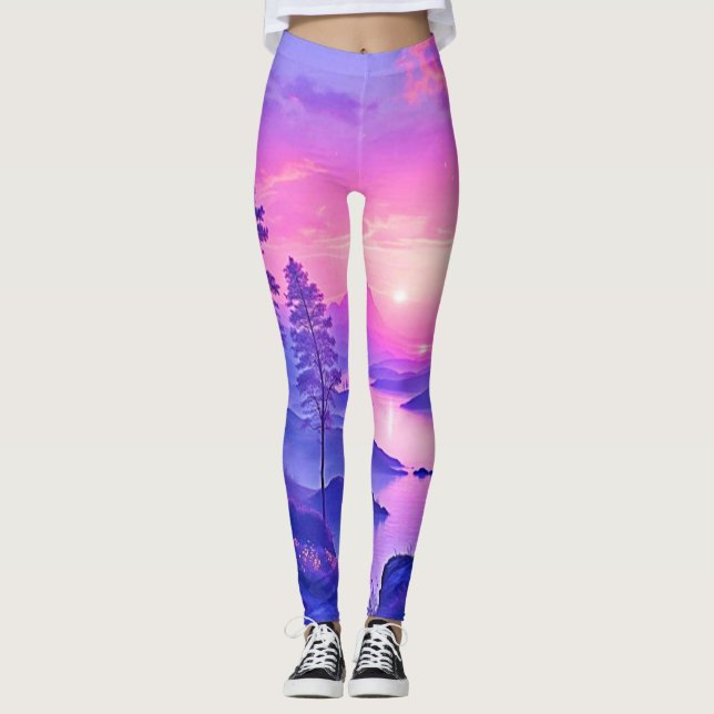 Lila Sonnenuntergang Landschaft Kunst Leggings (Vorderseite)