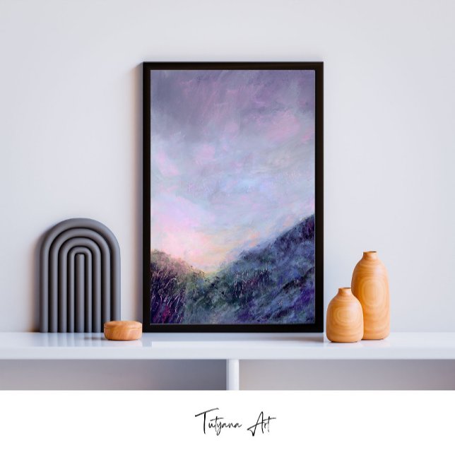 Lila Sonnenuntergang Landschaftsbild Poster (Purple Sunset Sky Poster in black frame. Frame is for illustration only & optional.)