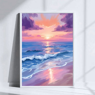 Lila Sonnenuntergang Lila Strand Ozean Aquarell Poster